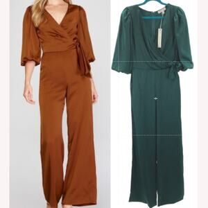She + Sky S Emerald Green Satin 3/4 Balloon Sleeve Surplice Jumpsuit NWT b44